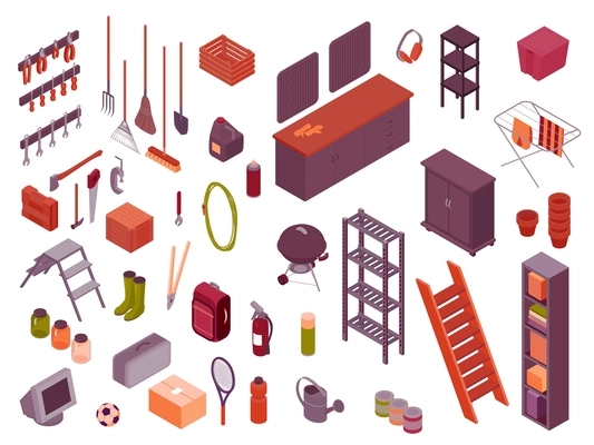 Storeroom isometric set old stuff  furniture household utensils tools gardening items preserves fire extinguisher isolated vector illustration