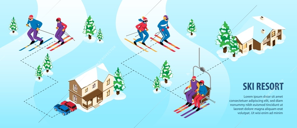 Isometric ski resort infographics with people doing winter sports vector illustration