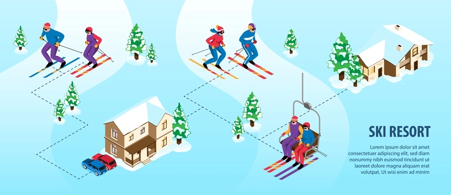 Isometric ski resort infographics with people doing winter sports vector illustration