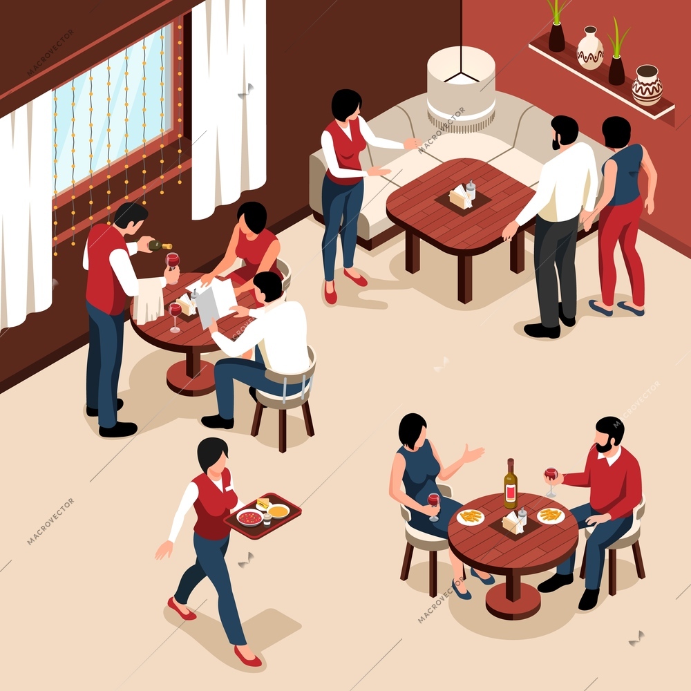 Isometric restaurant concept with visitors and waiters in comfortable interiors vector illustration