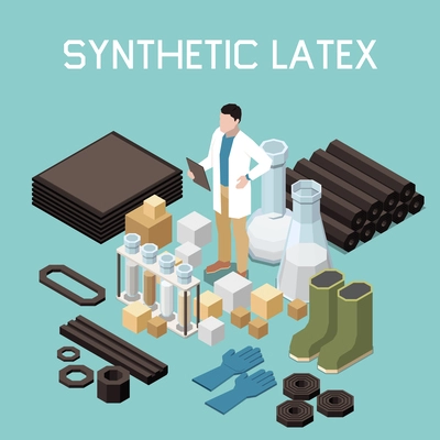 Synthetic latex isometric background with equipment elements of chemical laboratory and finished products vector illustration