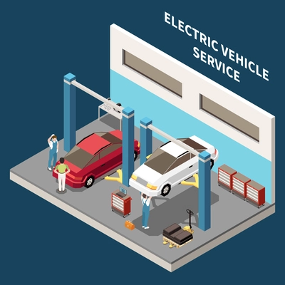 Electric vehicle service isometric background with specialists conducting diagnostics and car maintenance in workshop vector illustration