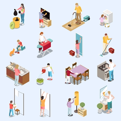 Family housework isometric set of adult and children involved in home chores isolated vector illustration