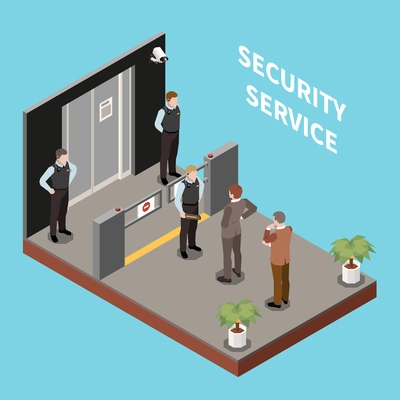 Security check isometric composition with office guards staff  scanning visitors body using metal detector vector illustration