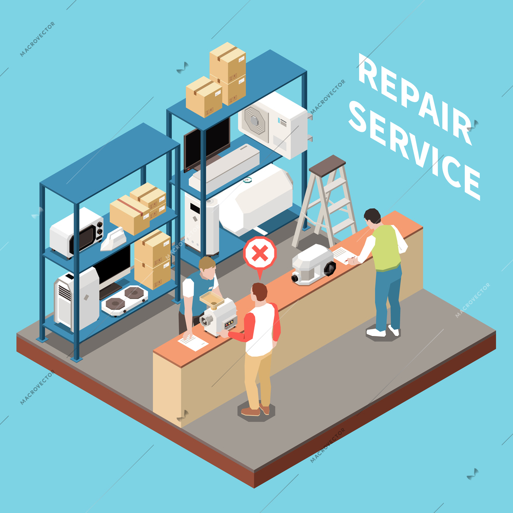 Home appliance repair service isometric background with manager customer and master characters in workshop interior vector illustration