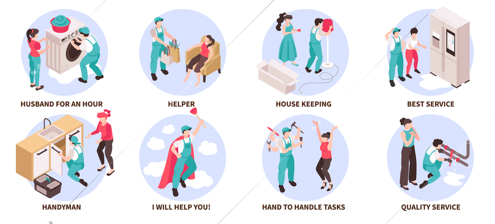 Isometric husband for an hour compositions set with men doing house keeping isolated vector illustration