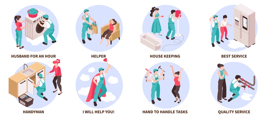 Isometric husband for an hour compositions set with men doing house keeping isolated vector illustration