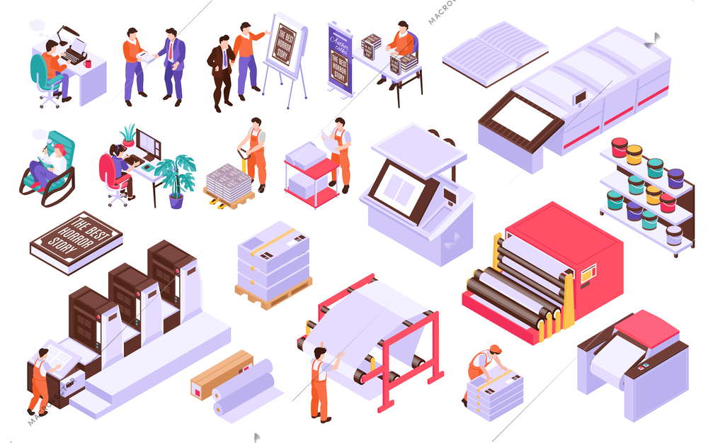 Book publishing house isometric icons set with printing machines and storage workers vector illustration