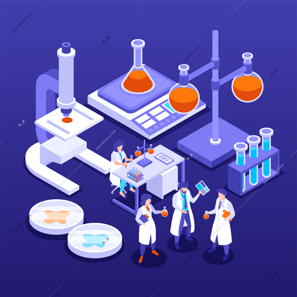 Isometric scientific laboratory concept with lab equipment and scientists vector illustration