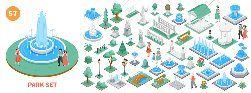 Isometric park elements set with fountains and outdoor decoration isolated vector illustration