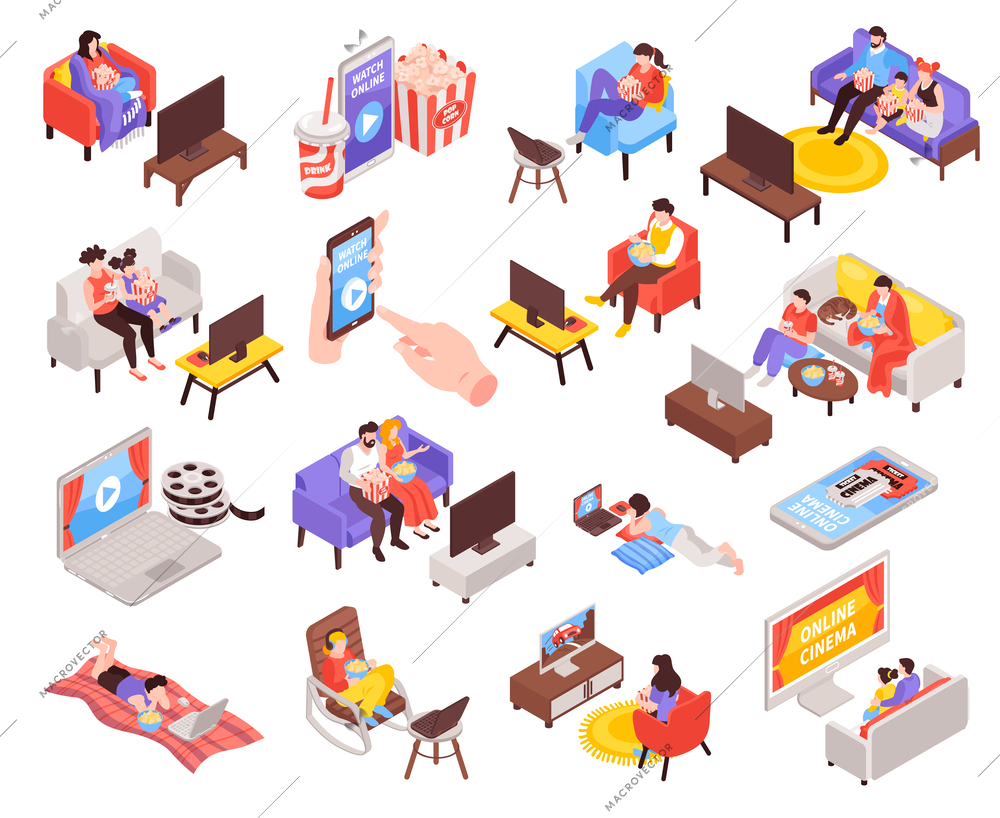 Isometric home cinema icons set with people watching movies on different gadgets isolated vector illustration