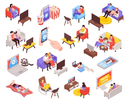 Isometric home cinema icons set with people watching movies on different gadgets isolated vector illustration