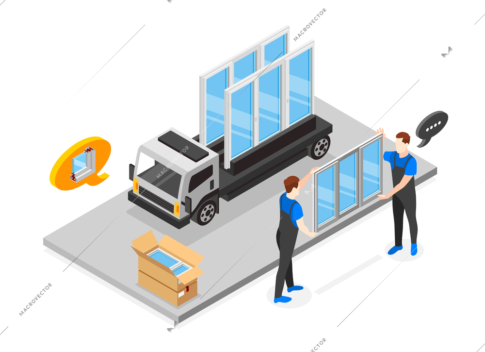 Plastic windows installation isometric composition with workers and transportation van vector illustration