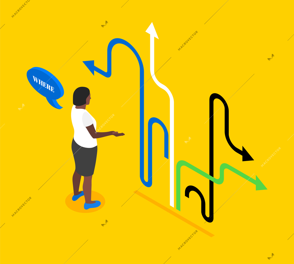 Decision making isometric concept with female looking at multicolored arrows vector illustration