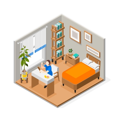 People morning routine isometric composition with woman put on make-up in her room vector illustration