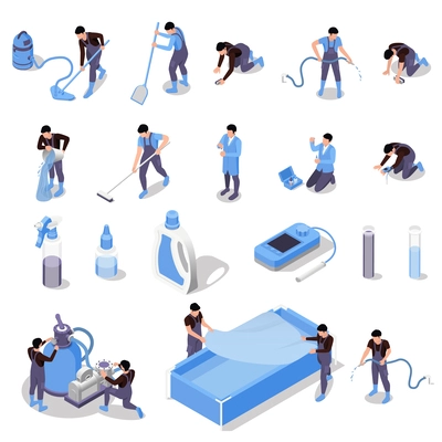 Swimming pool maintenance service isometric set with isolated icons of detergents tools and characters of workers vector illustration