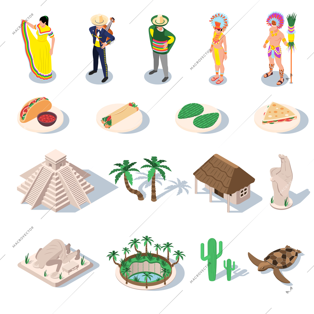 Yucatan travel isometric set with isolated icons of natives national dishes and costumes with famous landmarks vector illustration