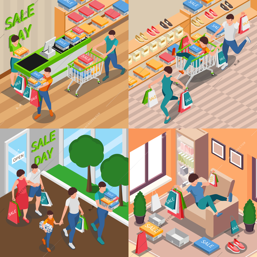 Shopping people isometric set of four square compositions with human characters in store and at home vector illustration