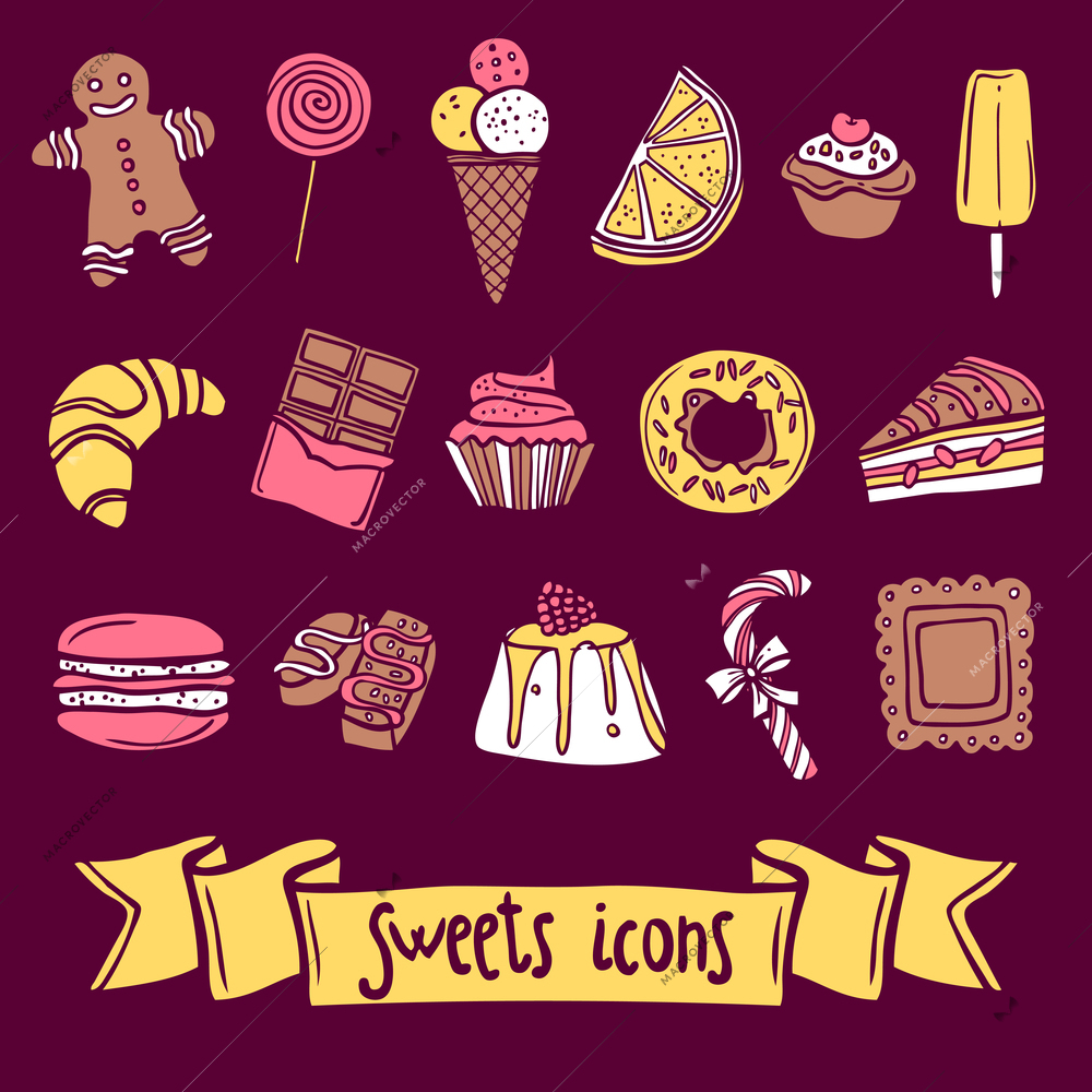 Sweet sketch decorative icon set with ginger man icecream marmalade isolated vector illustration