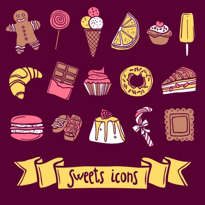 Sweet sketch decorative icon set with ginger man icecream marmalade isolated vector illustration