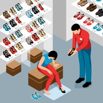 Isometric shoe store concept with woman trying heels vector illustration