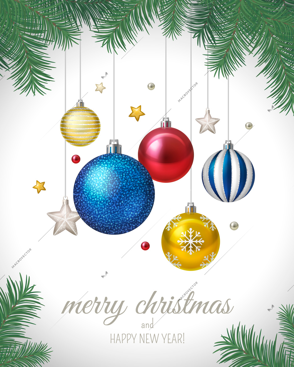 Merry christmas and happy new year postcard background with hanging colorful balls stars and fir tree branches frame realistic vector illustration