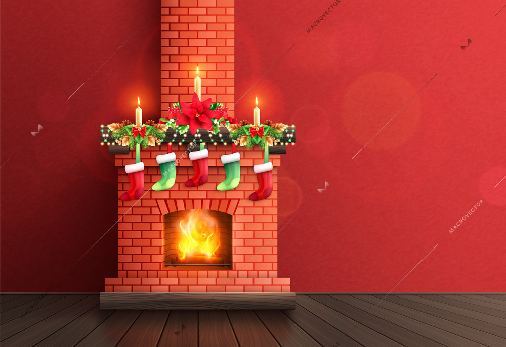 Fireplace realistic composition with indoor view of empty room with brickwall chimney decorated with festive socks vector illustration