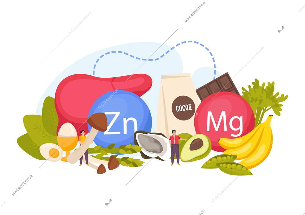 Natural food sources of zinc and magnesium flat composition with liver chocolate eggs banana avocado oyster vector illustration