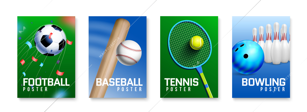 Realistic sport colored vertical poster set football baseball tennis and bowling headlines vector illustration