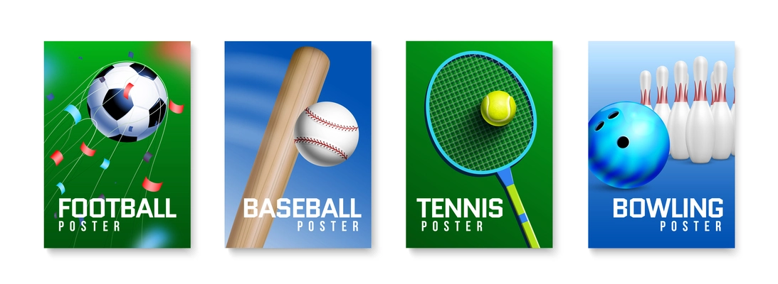 Realistic sport colored vertical poster set football baseball tennis and bowling headlines vector illustration