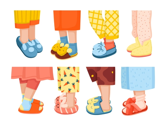 Flat set of human legs wearing colourful soft house slippers and pyjamas isolated vector illustration