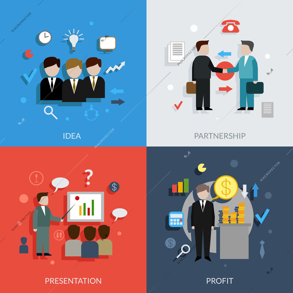 Business people design concept set with idea partnership presentation profit flat icons isolated vector illustration