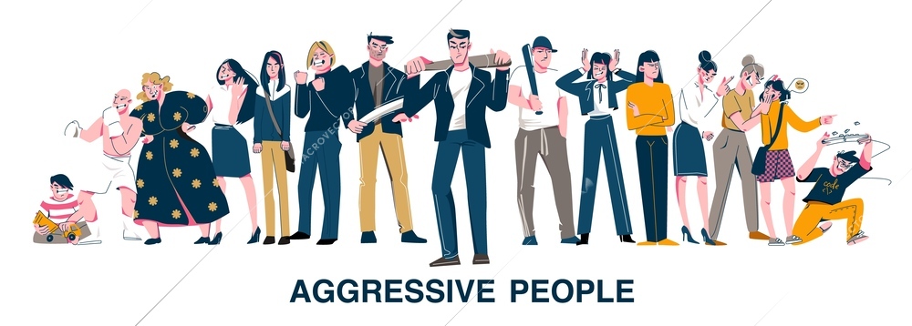 Aggressive people flat background with group of discontented irritated angry sad characters vector illustration
