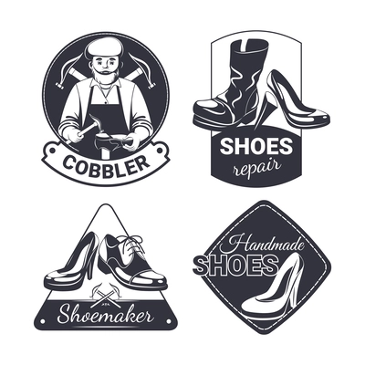 Shoes repairing service flat emblem set with four isolated monochrome vintage style logos for cobblers workshop vector illustration