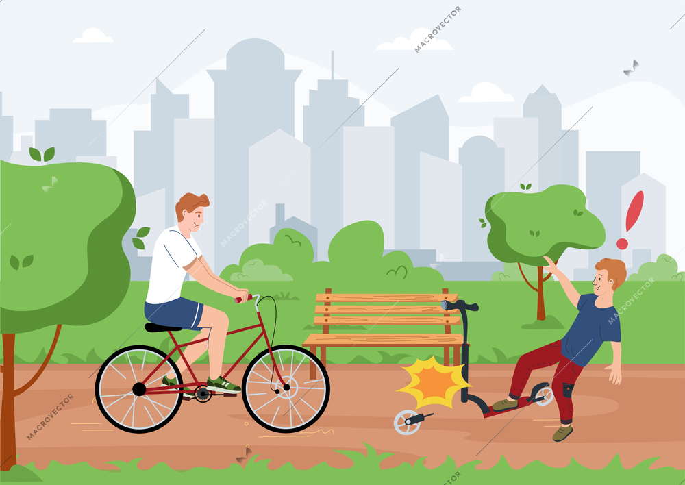 Household injuries flat composition with cityscape background urban park view with bike and damaged kick scooter vector illustration