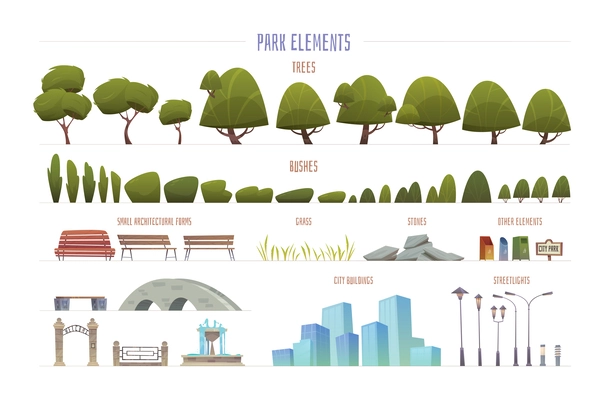 City park elements cartoon set of summer trees bushes benches street lights stones buildings grass isolated vector illustration