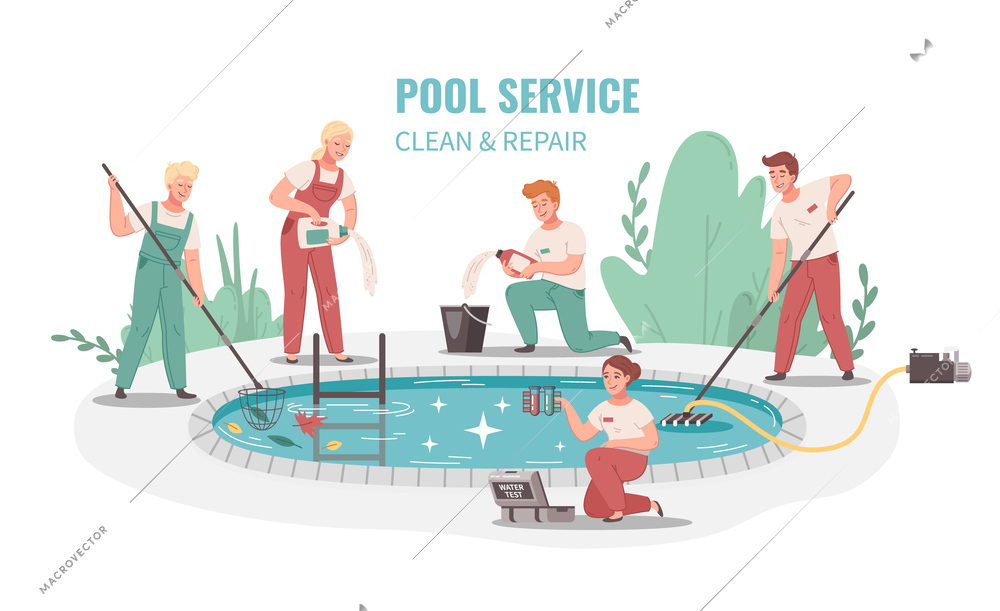 Pool service clean and repair cartoon background depicting workers team with net vacuum cleaner and chemicals flat vector illustration