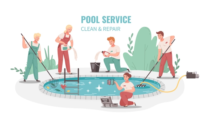 Pool service clean and repair cartoon background depicting workers team with net vacuum cleaner and chemicals flat vector illustration