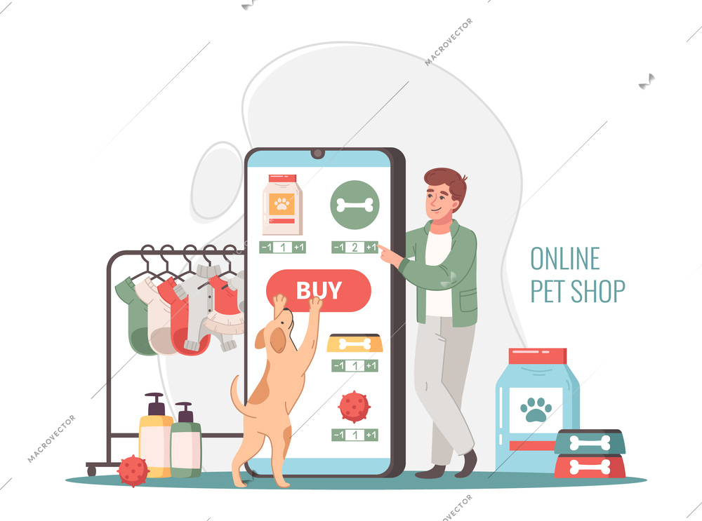 Online pet shop cartoon composition with dog pressing buy button on big  smartphone screen flat vector illustration