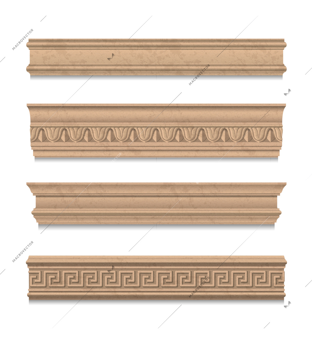 Wooden molding realistic set of ceiling cornices in classic stile isolated on white background vector illustration