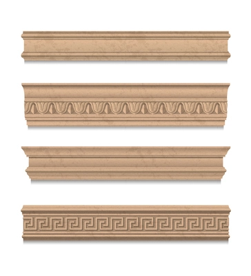 Wooden molding realistic set of ceiling cornices in classic stile isolated on white background vector illustration