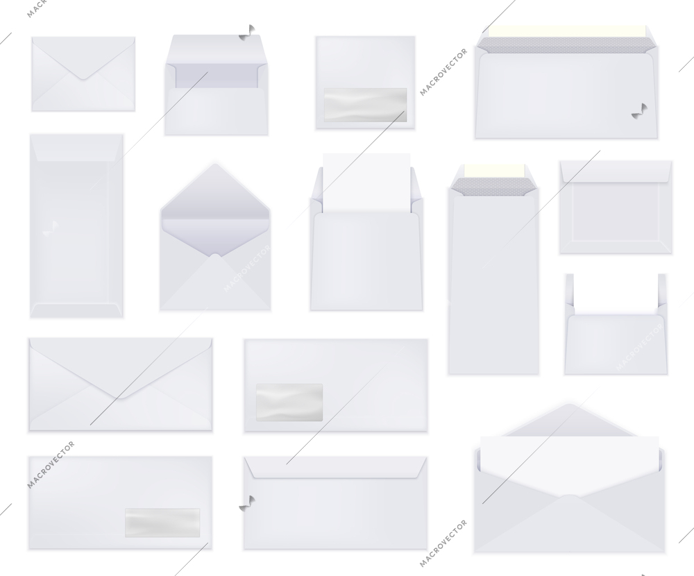 Envelopes realistic set with isolated images of flat letter covers of different size on blank background vector illustration