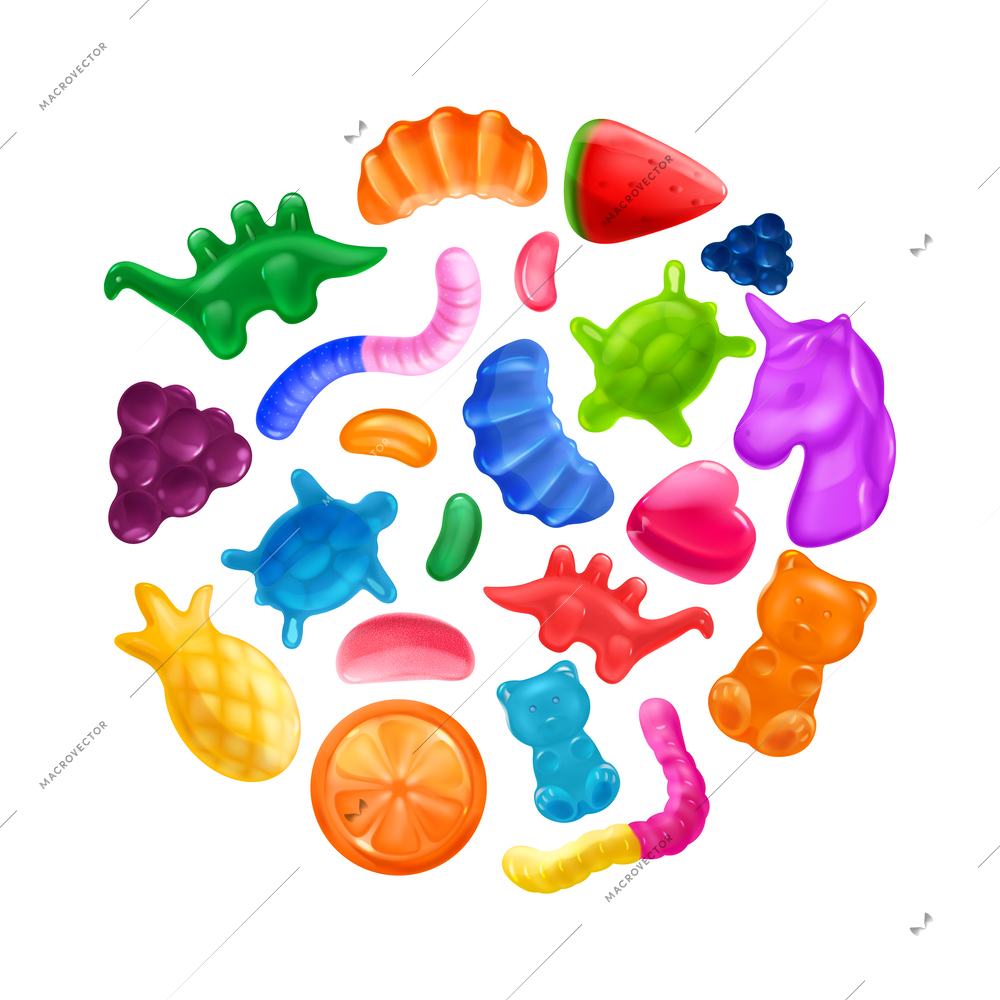 Realistic chewy jelly vitamin circle composition with isolated images of sweet candies of different shape color vector illustration