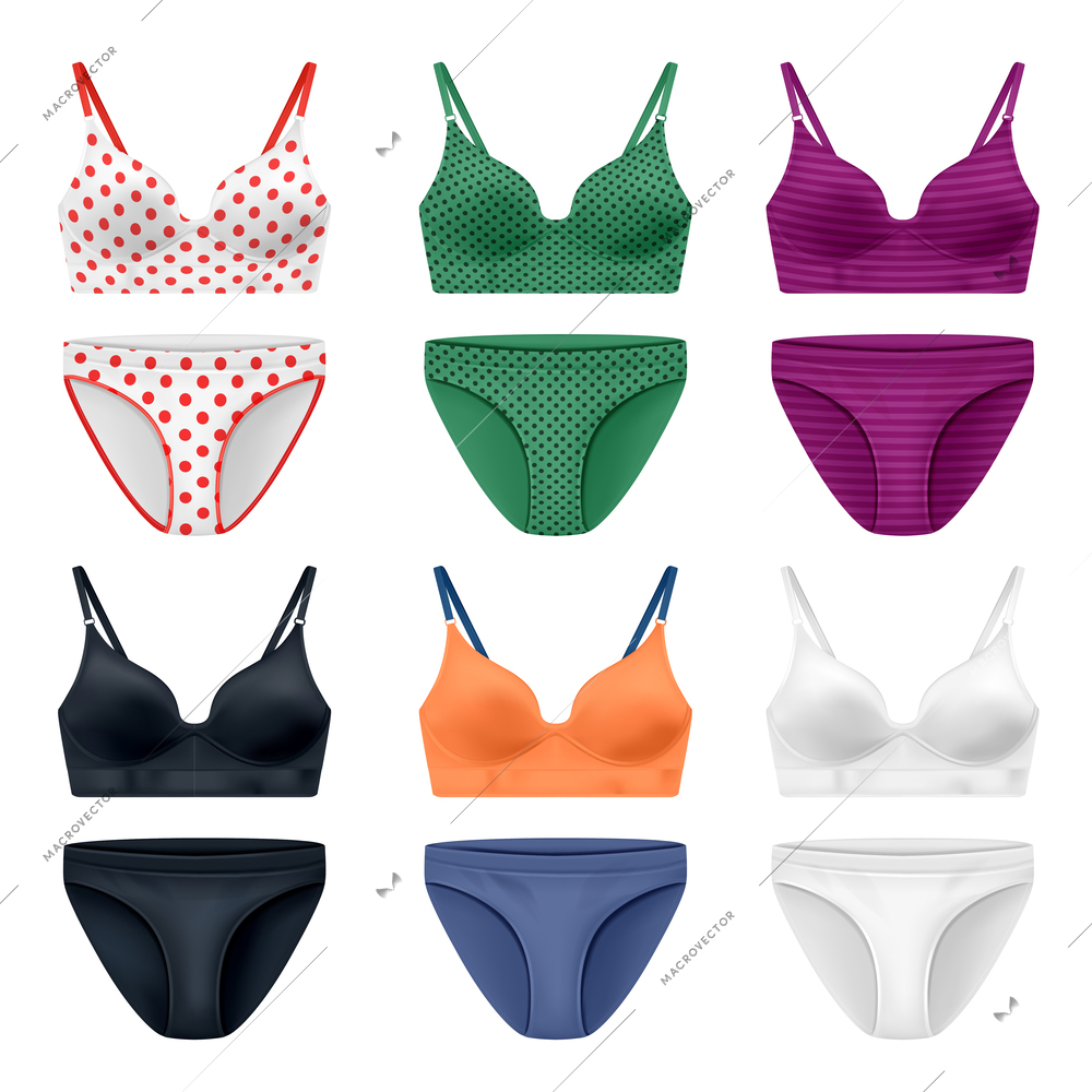 Realistic lingerie color set with isolated images of colorful bras panties front view on blank background vector illustration