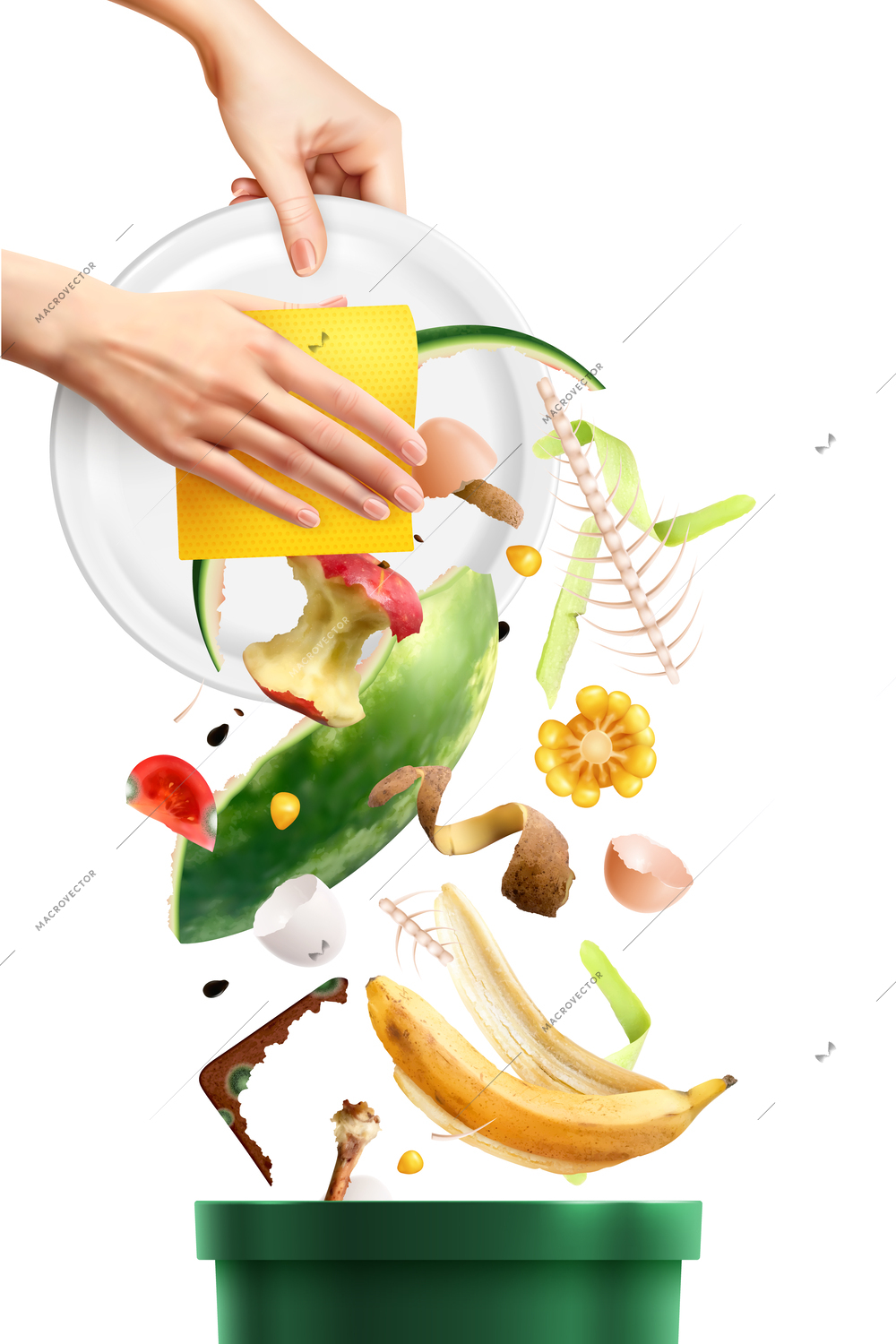 Food waste realistic composition with set of food scraps being sponged out of plate into bin vector illustration