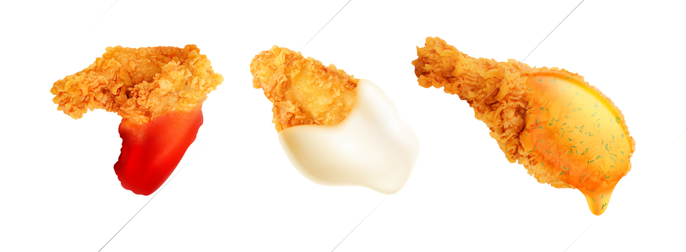 Chicken fast food ketchup sauces realistic set of three isolated images with sauce covering chicken wings vector illustration