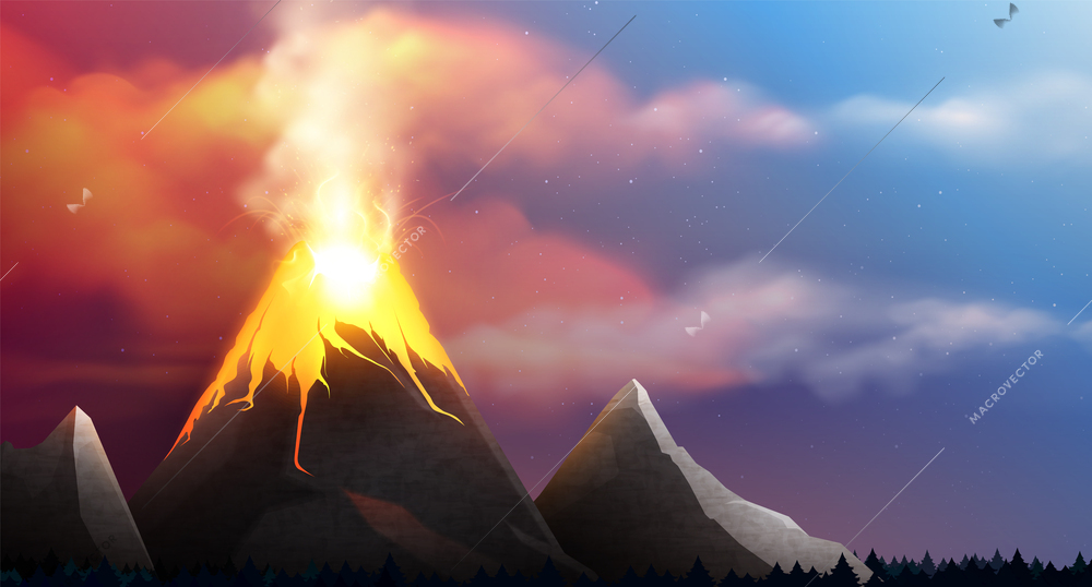 Lava volcano realistic composition with outdoor landscape and view of smoke burn on top of mountain vector illustration