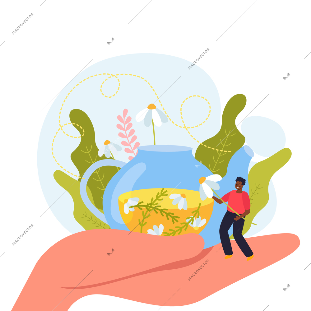 Herbal medicine abstract illustration of teapot filled with chamomile tea in palm of person flat vector illustration