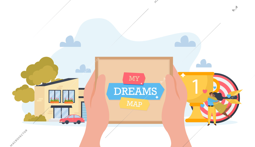 Dreams board flat composition with  board in human hands against sports winners cup private house and goal with arrow vector illustration