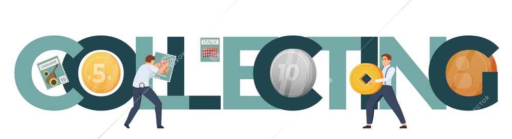 Collectibles hobby flat colored composition with green big letters collectors and coins vector illustration